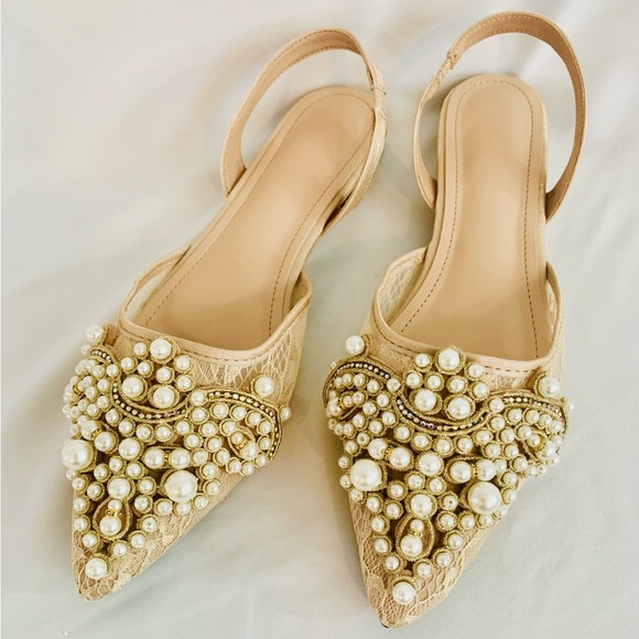 Embellished pointy toe, flat slingback shoes with faux pearls and rhinestones - Picture 2 of 6